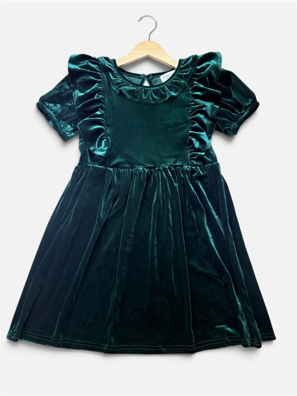 Rylee Faith Girls Emerald Velvet Ruffle Christmas Dress